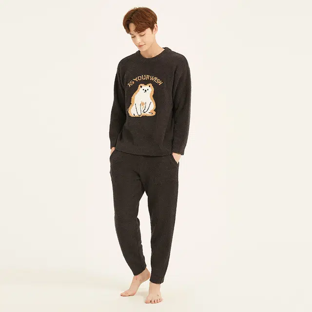 美力城 半边绒圆领套头动物卡通简约休闲家居服可外穿保暖秋冬睡衣套装 男款