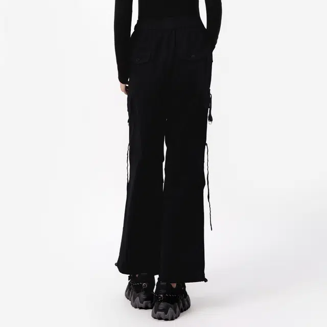美力城 美式飘带宽松休闲高腰系带抽绳束脚插袋工装裤 女款 黑色