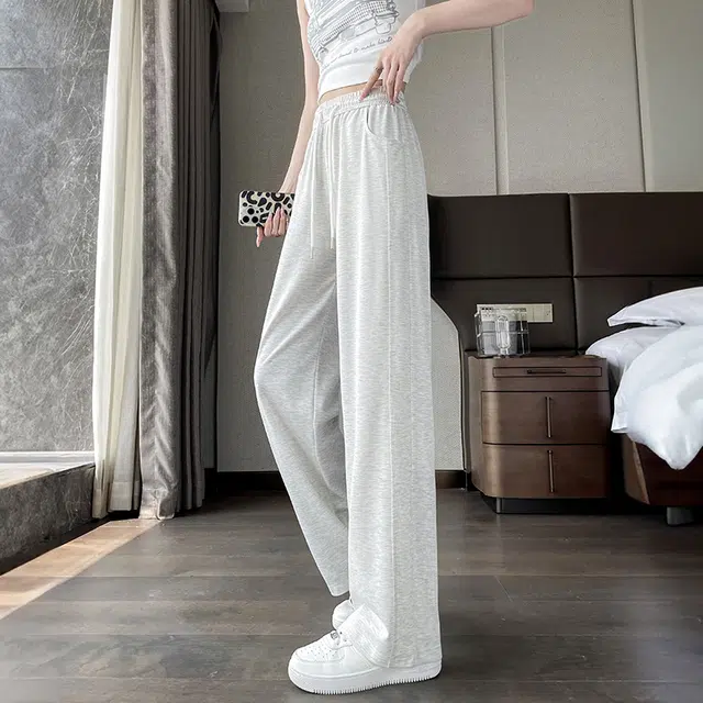 美力城 美式潮流高腰冰丝垂感高级感拼接阔腿裤子舒适百搭透气宽松直筒休闲裤 女款