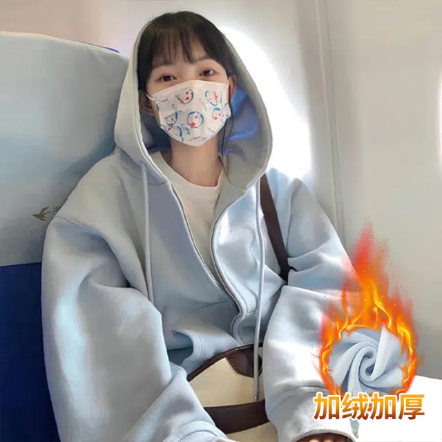 美力城 重磅加绒加厚学院风简约基础款秋冬百搭宽松休闲开衫外套连帽卫衣 女款