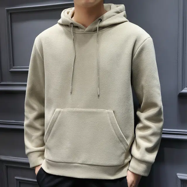 美力城 纯色摇粒绒连帽套头打底长袖卫衣 男款