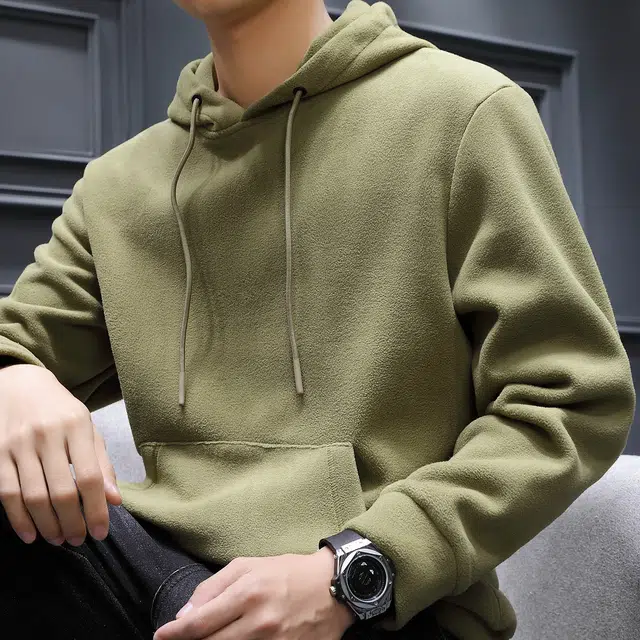 美力城 纯色摇粒绒连帽套头打底长袖卫衣 男款