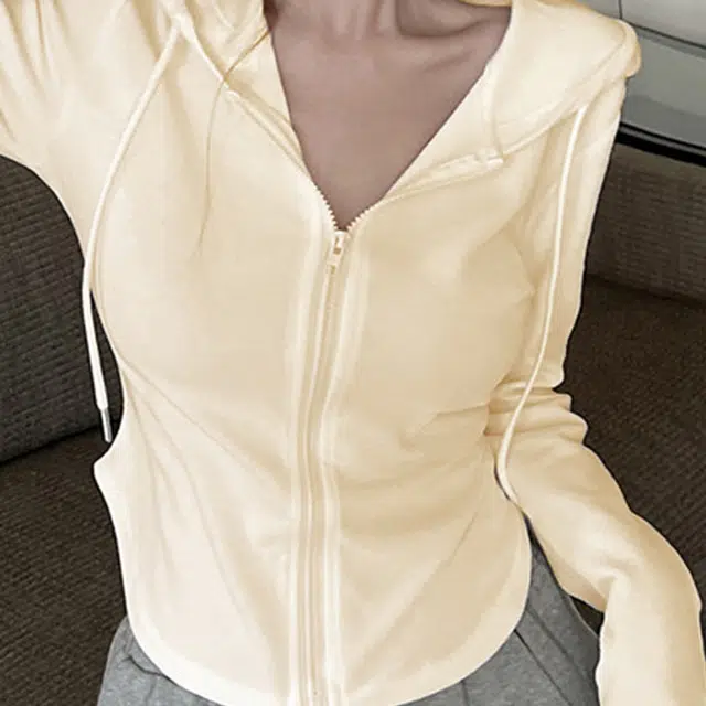 美力城 美式辣妹连帽收腰修身显瘦学院风短外套薄款纯色拉链长袖开衫卫衣 女款