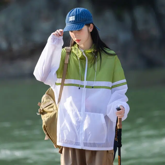 美力城 撞色拼接轻薄凉感户外皮肤衣简约宽松长袖连帽抽绳防晒服 男女同款