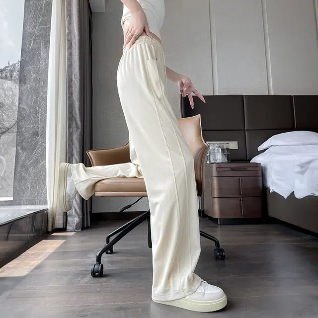 美力城 美式潮流高腰冰丝垂感高级感拼接阔腿裤子舒适百搭透气宽松直筒休闲裤 女款