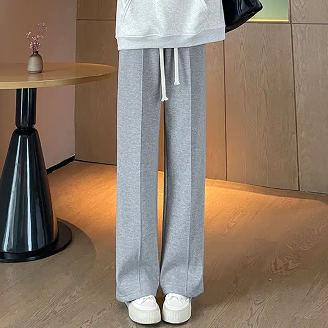美力城 斜纹加绒款美式高街加厚日常基础款宽松阔腿显高垂感拖地裤纯色系带针织运动休闲裤 女款