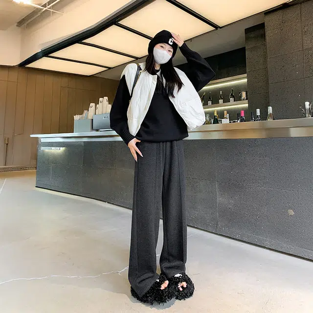 美力城 加绒加厚人字纹毛呢褶皱设计感垂感宽松拖地阔腿裤子日常通勤舒适百搭直筒保暖秋冬休闲裤 女款