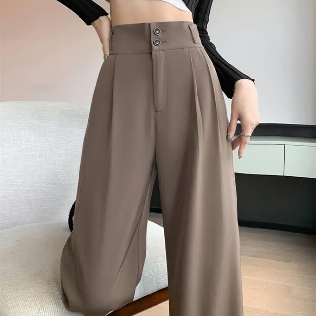美力城 美式高街时尚潮流双排扣高腰设计感阔腿裤子垂感高级感宽松百搭休闲舒适透气直筒西装裤 女款