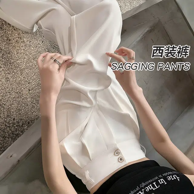 美力城 美式高街时尚潮流双排扣高腰设计感阔腿裤子垂感高级感宽松百搭休闲舒适透气直筒西装裤 女款
