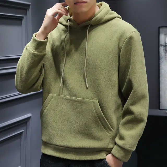 美力城 纯色摇粒绒连帽套头打底长袖卫衣 男款