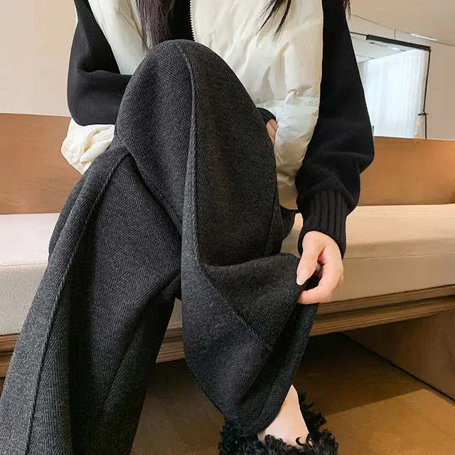 美力城 加绒加厚人字纹毛呢褶皱设计感垂感宽松拖地阔腿裤子日常通勤舒适百搭直筒保暖秋冬休闲裤 女款