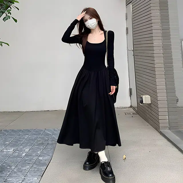 美力城 法式赫本风方领拼接设计感气质性感长款裙子舒适百搭休闲修身显瘦高级感长袖连衣裙 女款 黑色
