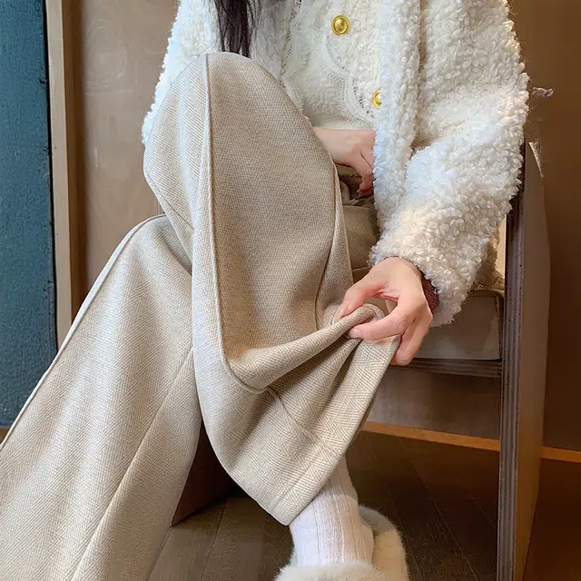 美力城 加绒加厚人字纹毛呢褶皱设计感垂感宽松拖地阔腿裤子日常通勤舒适百搭直筒保暖秋冬休闲裤 女款