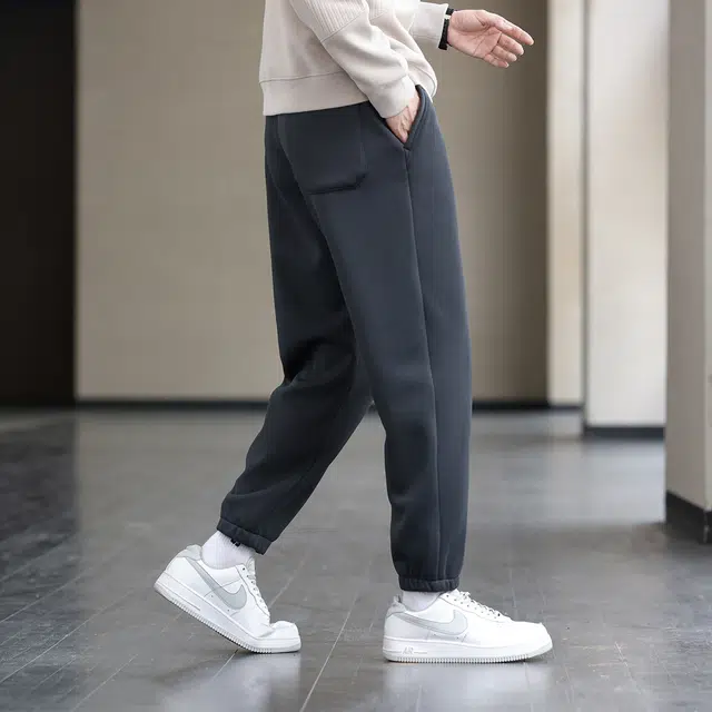 美力城 简约抽绳系带卫裤加绒加厚高腰舒适束脚休闲裤 男女同款
