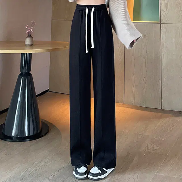 美力城 斜纹加绒款美式高街加厚日常基础款宽松阔腿显高垂感拖地裤纯色系带针织运动休闲裤 女款