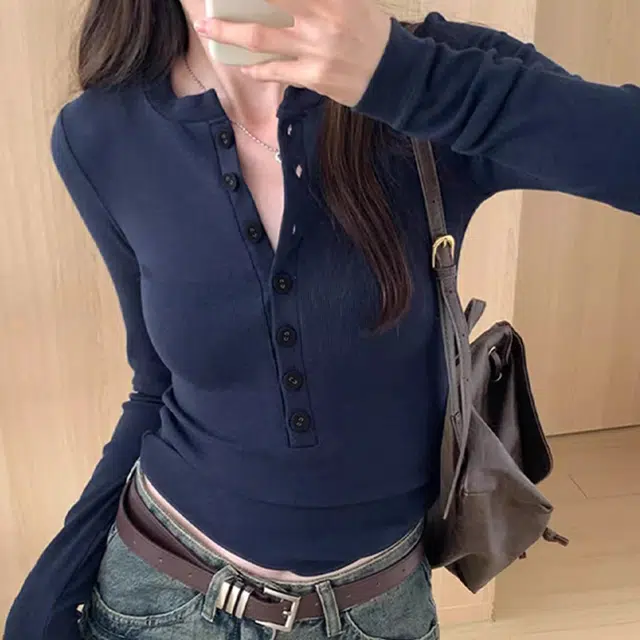 美力城 美式纯欲辣妹风圆领长袖内搭打底衫修身半开衫正肩短款上衣舒适百搭设计感针织衫 女款