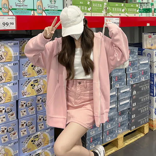 美力城 重磅加绒加厚学院风简约基础款秋冬百搭宽松休闲开衫外套连帽卫衣 女款