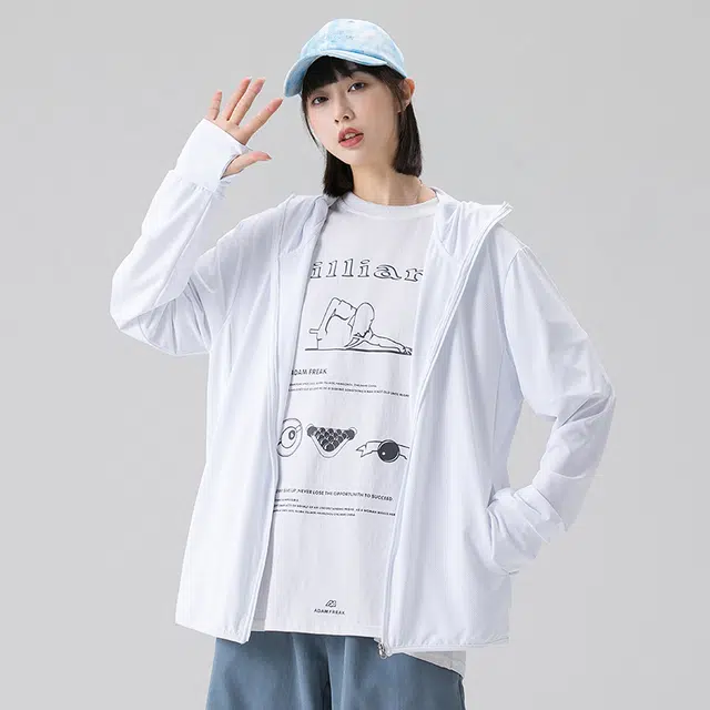 美力城 纯色简约冰肤薄款户外连帽拉链宽松休闲防晒服 男女同款