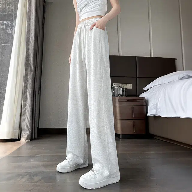 美力城 美式潮流高腰冰丝垂感高级感拼接阔腿裤子舒适百搭透气宽松直筒休闲裤 女款