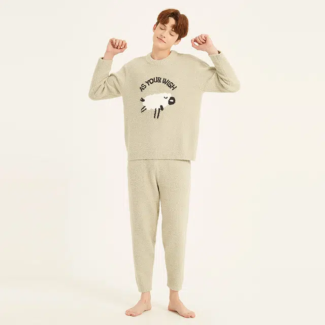 美力城 半边绒圆领套头动物卡通简约休闲家居服可外穿保暖秋冬睡衣套装 男款