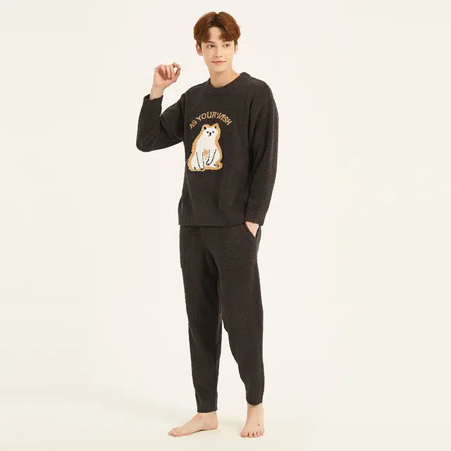 美力城 半边绒圆领套头动物卡通简约休闲家居服可外穿保暖秋冬睡衣套装 男款