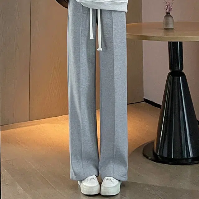 美力城 斜纹加绒款美式高街加厚日常基础款宽松阔腿显高垂感拖地裤纯色系带针织运动休闲裤 女款
