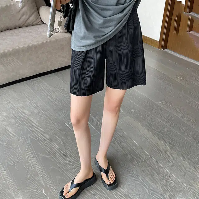美力城 高腰水波纹褶皱美式宽松慵懒复古纯色阔腿裤垂坠直筒百搭休闲短裤 女款