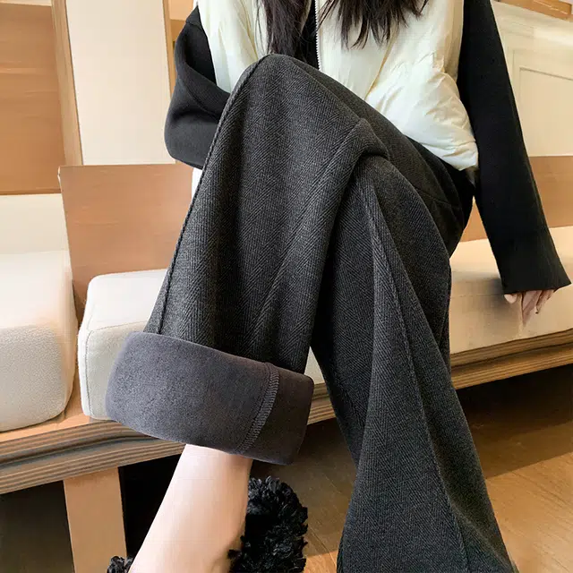 美力城 加绒加厚人字纹毛呢褶皱设计感垂感宽松拖地阔腿裤子日常通勤舒适百搭直筒保暖秋冬休闲裤 女款