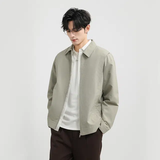 美力城 翻领短款休闲宽松落肩拉链工装简约百搭夹克外套 男款