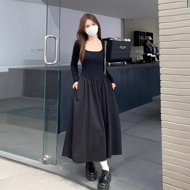 美力城 法式赫本风方领拼接设计感气质性感长款裙子舒适百搭休闲修身显瘦高级感长袖连衣裙 女款 黑色