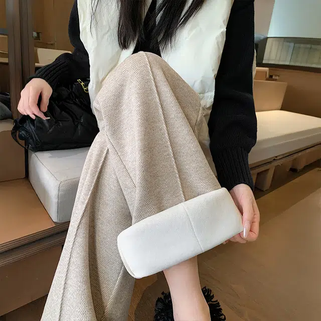 美力城 加绒加厚人字纹毛呢褶皱设计感垂感宽松拖地阔腿裤子日常通勤舒适百搭直筒保暖秋冬休闲裤 女款