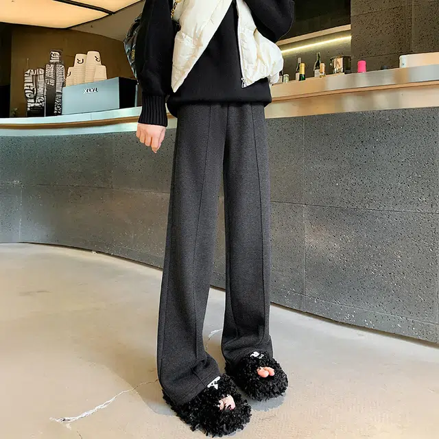 美力城 加绒加厚人字纹毛呢褶皱设计感垂感宽松拖地阔腿裤子日常通勤舒适百搭直筒保暖秋冬休闲裤 女款