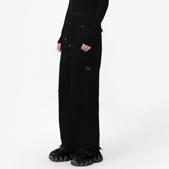 美力城 美式飘带宽松休闲高腰系带抽绳束脚插袋工装裤 女款 黑色