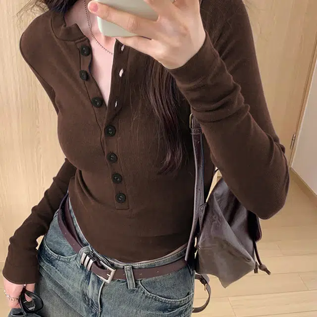美力城 美式纯欲辣妹风圆领长袖内搭打底衫修身半开衫正肩短款上衣舒适百搭设计感针织衫 女款