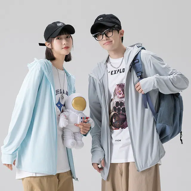 美力城 纯色简约冰肤薄款户外连帽拉链宽松休闲防晒服 男女同款