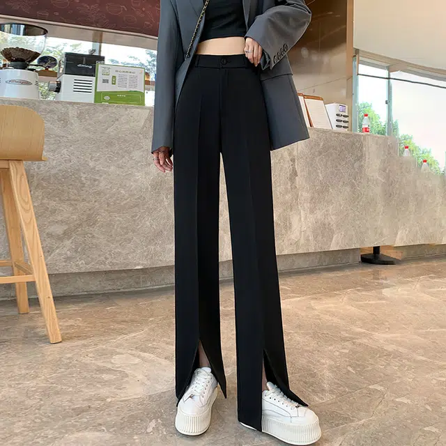 美力城 美式高街纯色高腰褶皱垂感高级感阔腿裤冰丝凉感开叉直筒显瘦休闲裤 女款
