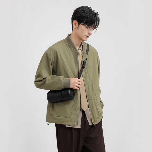 美力城 美式纯色简约棒球领防风双拉链口袋工装宽松休闲夹克外套 男款