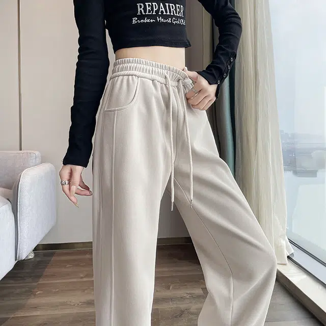 美力城 美式潮流时尚高腰拼接垂感高级感阔腿裤子舒适百搭透气慵懒风宽松直筒休闲裤 女款