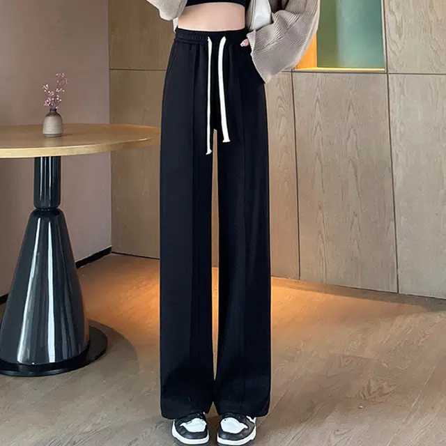美力城 斜纹加绒款美式高街加厚日常基础款宽松阔腿显高垂感拖地裤纯色系带针织运动休闲裤 女款