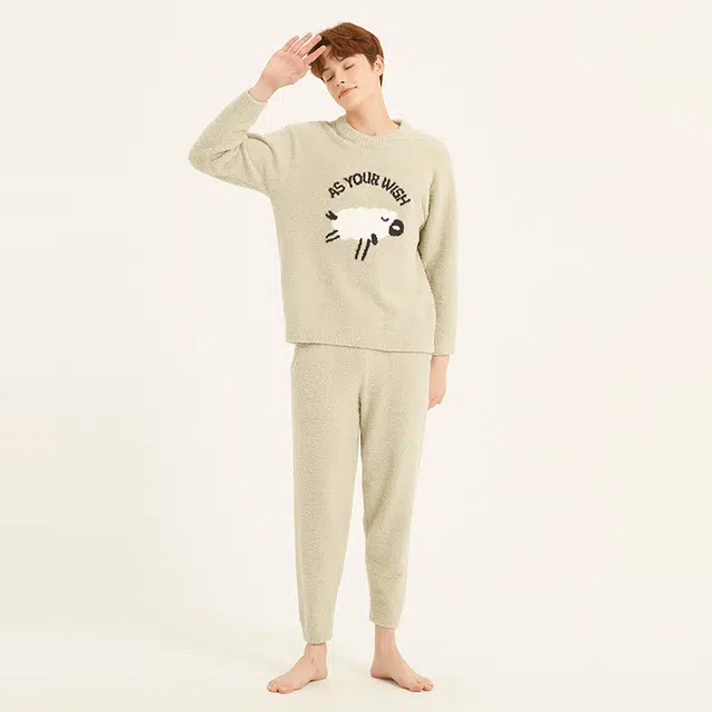 美力城 半边绒圆领套头动物卡通简约休闲家居服可外穿保暖秋冬睡衣套装 男款