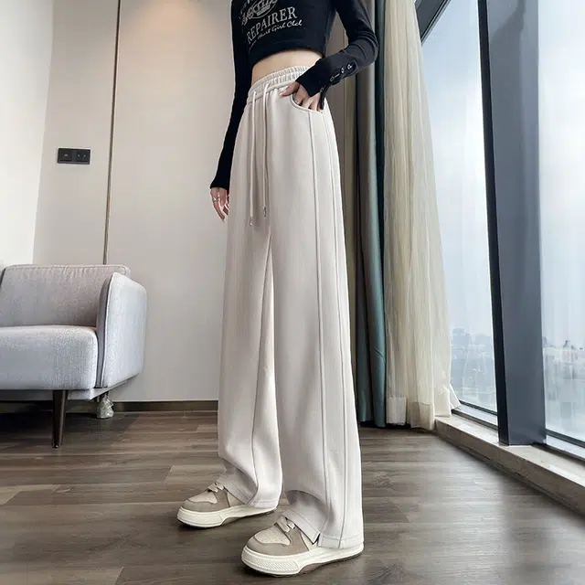 美力城 美式潮流时尚高腰拼接垂感高级感阔腿裤子舒适百搭透气慵懒风宽松直筒休闲裤 女款