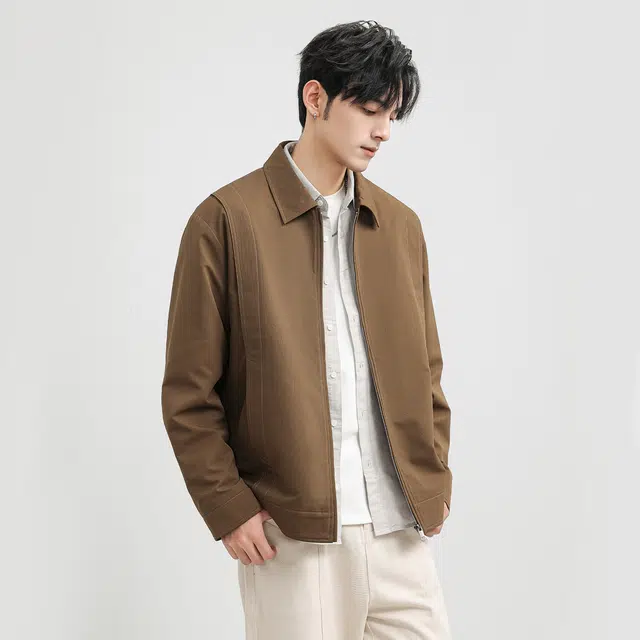 美力城 翻领短款休闲宽松落肩拉链工装简约百搭夹克外套 男款