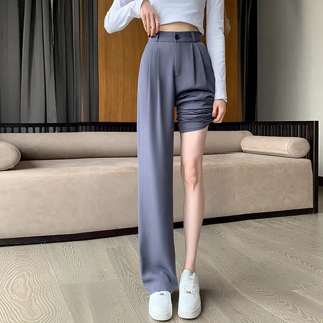 美力城 纯色高腰垂感高级感西裤休闲百搭拖地裤子宽松直筒微喇西装裤 女款