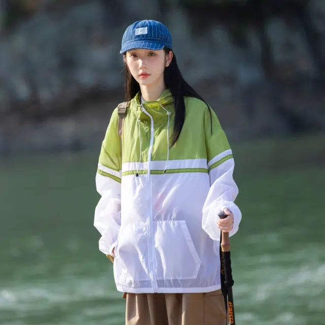 美力城 撞色拼接轻薄凉感户外皮肤衣简约宽松长袖连帽抽绳防晒服 男女同款