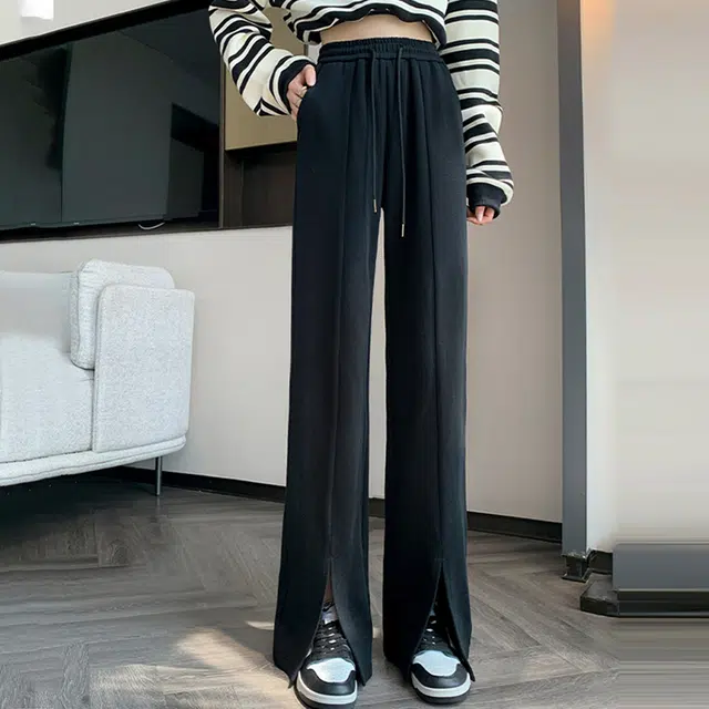 美力城 美式高街纯色高腰开叉设计感宽松阔腿裤子日常通勤舒适百搭慵懒风修身直筒休闲裤 女款