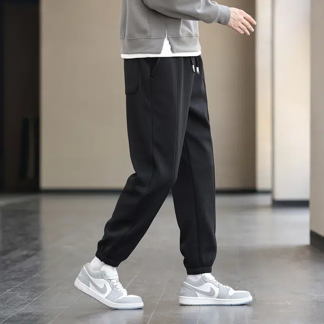 美力城 简约抽绳系带卫裤加绒加厚高腰舒适束脚休闲裤 男女同款