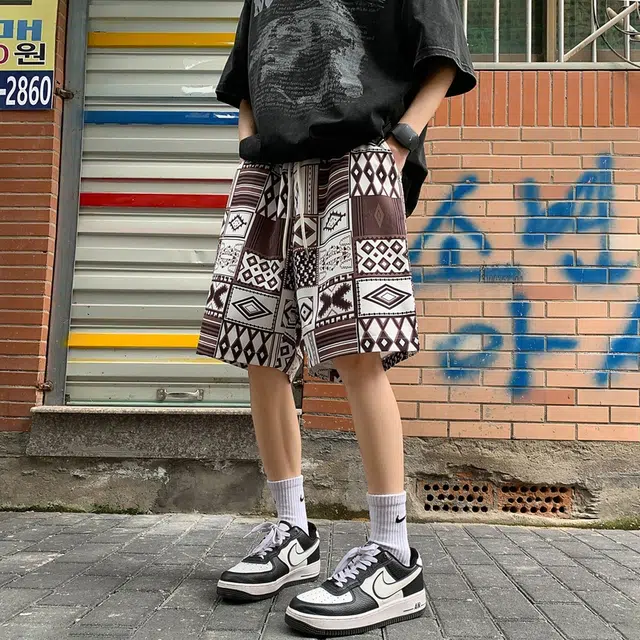 美力城 美式复古印花满印抽绳宽松速干凉感休闲短裤 男女同款
