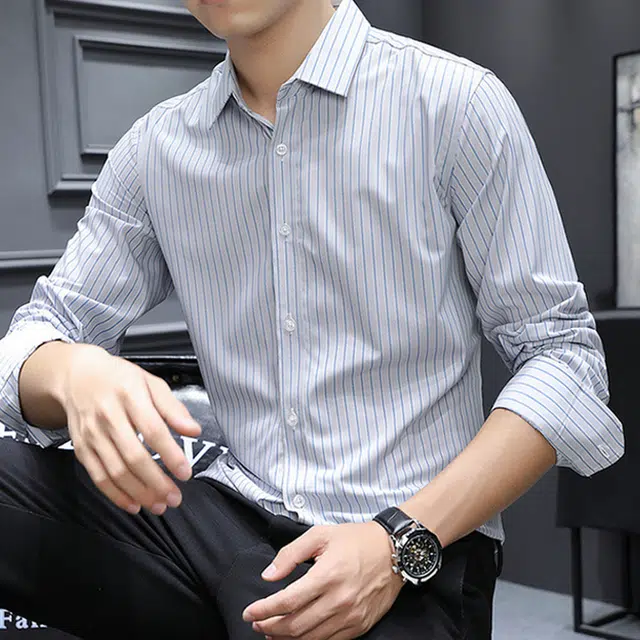 美力城 美式复古休闲简约条纹宽松长袖衬衫 男款