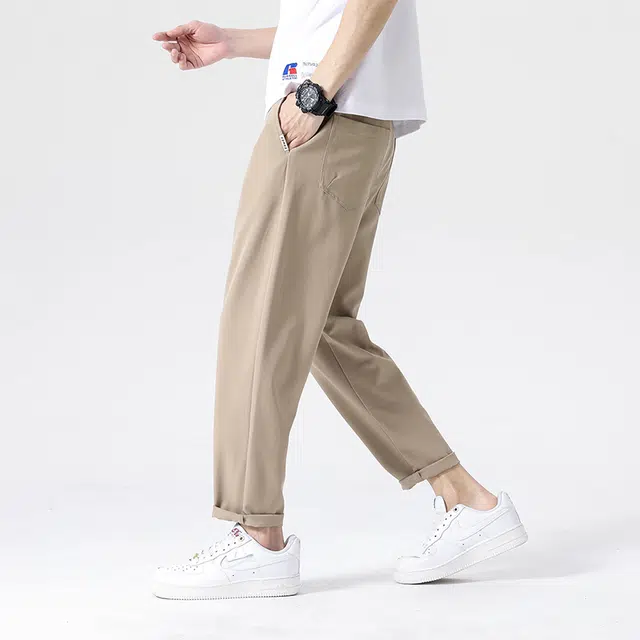 美力城 春夏冰凉透气简约纯色抽绳直筒垂感冰丝通勤户外宽松百搭休闲裤 男女同款