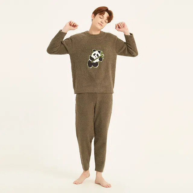 美力城 半边绒圆领套头动物卡通简约休闲家居服可外穿保暖秋冬睡衣套装 男款
